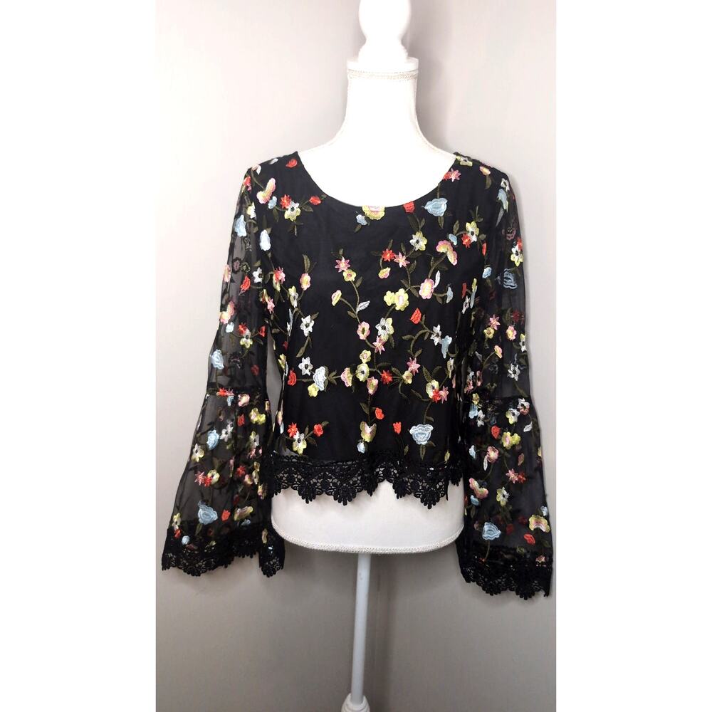 Jack by BB Dakota Floral Bell Sleeve Blouse Medium Boho Festival Top Black